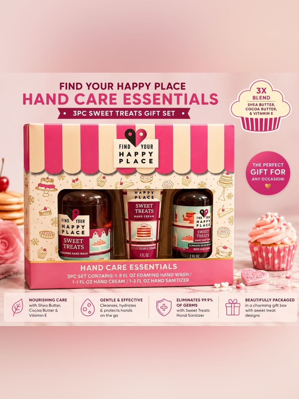 3pc Find Your Happy Place Sweet Treats Hand Care Gift Set - Pink Cream